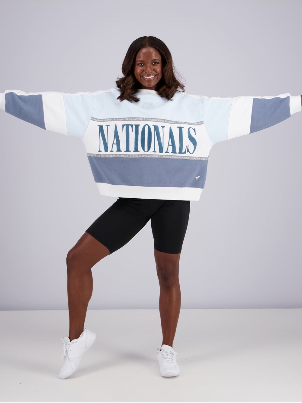 Varsity Nationals Colorblocked Crewneck Sweatshirt - Light Blue, White, Slate